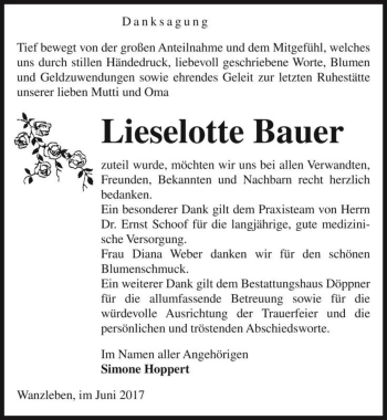 Traueranzeige von Lieselotte Bauer  von Magdeburger Volksstimme