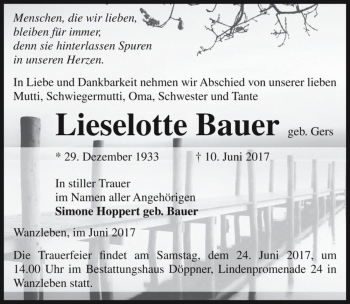 Traueranzeige von Lieselotte Bauer (geb. Gers)  von Magdeburger Volksstimme
