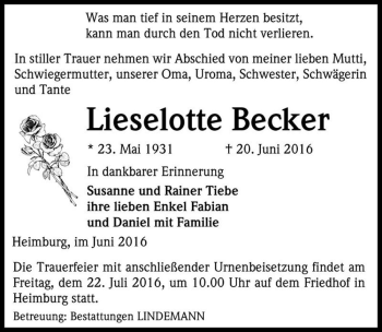 Traueranzeige von Lieselotte Becker  von Magdeburger Volksstimme