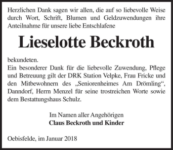 Traueranzeige von Lieselotte Beckroth  von Magdeburger Volksstimme