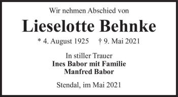 Traueranzeige von Lieselotte Behnke  von Magdeburger Volksstimme