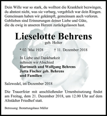 Traueranzeige von Lieselotte Behrens (geb. Holter)  von Magdeburger Volksstimme