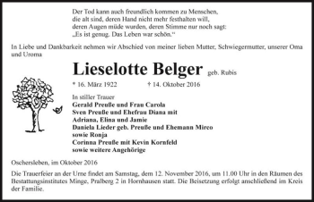 Traueranzeige von Lieselotte Belger (geb. Rubis)  von Magdeburger Volksstimme