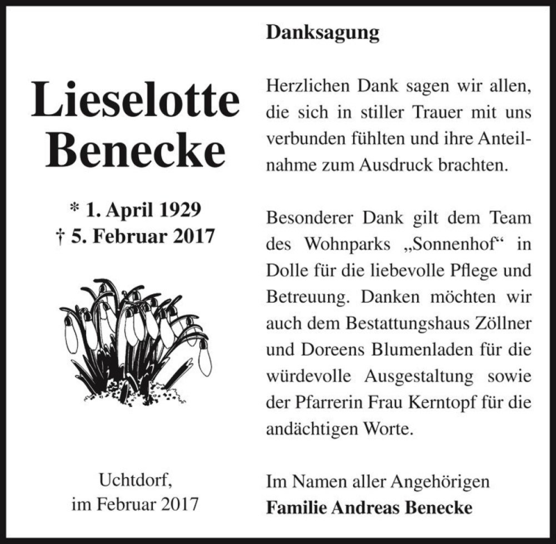  Traueranzeige für Lieselotte Benecke  vom 25.02.2017 aus Magdeburger Volksstimme
