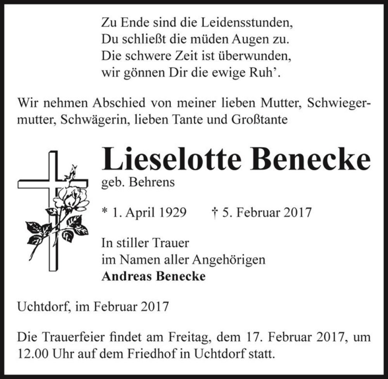  Traueranzeige für Lieselotte Benecke (geb. Behrens)  vom 11.02.2017 aus Magdeburger Volksstimme