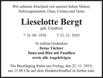 Traueranzeige von Lieselotte Bergt (geb. Friedrich)  von Magdeburger Volksstimme