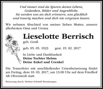 Traueranzeige von Lieselotte Berrisch (geb. Gruß)  von Magdeburger Volksstimme