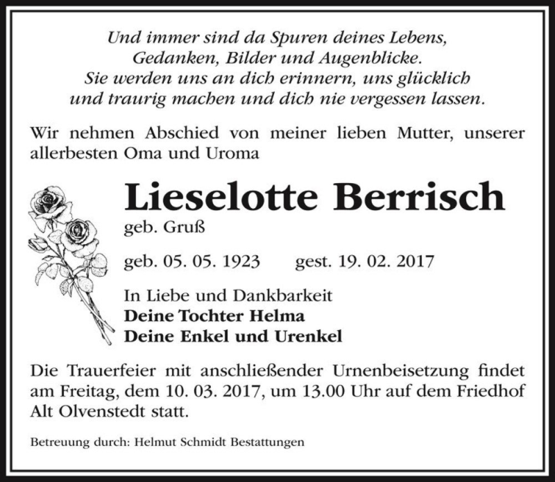  Traueranzeige für Lieselotte Berrisch (geb. Gruß)  vom 25.02.2017 aus Magdeburger Volksstimme