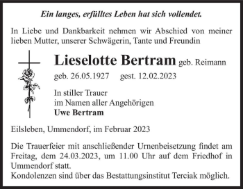 Traueranzeige von Lieselotte Bertram (geb. Reimann)  von Magdeburger Volksstimme