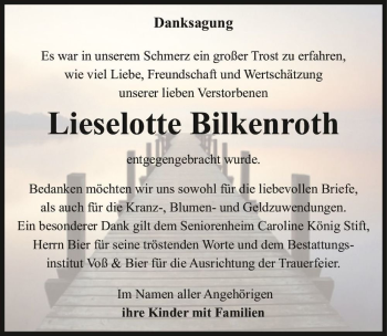 Traueranzeige von Lieselotte Bilkenroth  von Magdeburger Volksstimme