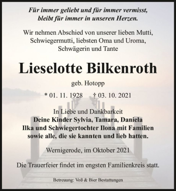 Traueranzeige von Lieselotte Bilkenroth (geb. Hotopp)  von Magdeburger Volksstimme