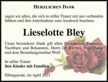 Traueranzeige von Lieselotte Bley  von Magdeburger Volksstimme