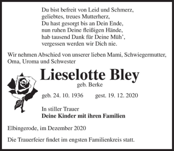 Traueranzeige von Lieselotte Bley (geb. Berke)  von Magdeburger Volksstimme