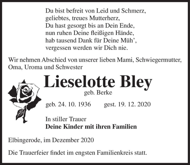  Traueranzeige für Lieselotte Bley (geb. Berke)  vom 02.01.2021 aus Magdeburger Volksstimme