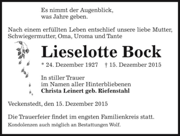 Traueranzeige von Lieselotte Bock  von Magdeburger Volksstimme