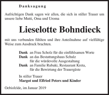 Traueranzeige von Lieselotte Bohndieck  von Magdeburger Volksstimme