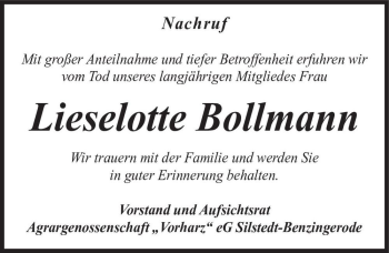 Traueranzeige von Lieselotte Bollmann  von Magdeburger Volksstimme