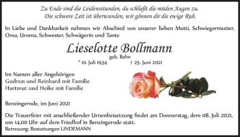 Traueranzeige von Lieselotte Bollmann (geb. Behn)  von Magdeburger Volksstimme