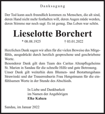 Traueranzeige von Lieselotte Borchert  von Magdeburger Volksstimme