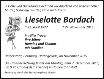 Traueranzeige von Lieselotte Bordach  von Magdeburger Volksstimme