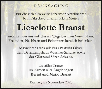 Traueranzeige von Lieselotte Branst  von Magdeburger Volksstimme