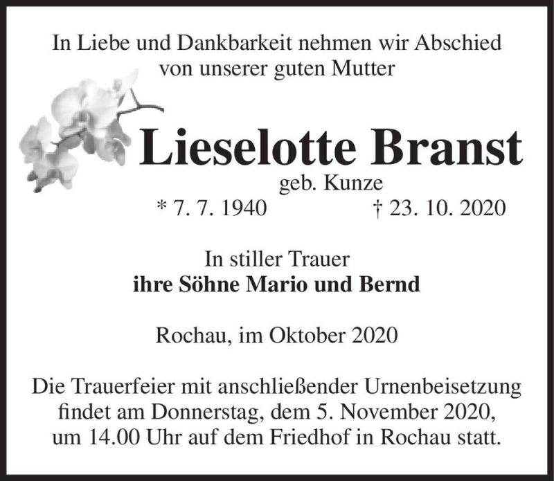  Traueranzeige für Lieselotte Branst (geb. Kunze)  vom 28.10.2020 aus Magdeburger Volksstimme