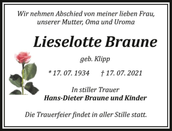 Traueranzeige von Lieselotte Braune (geb. Klipp)  von Magdeburger Volksstimme