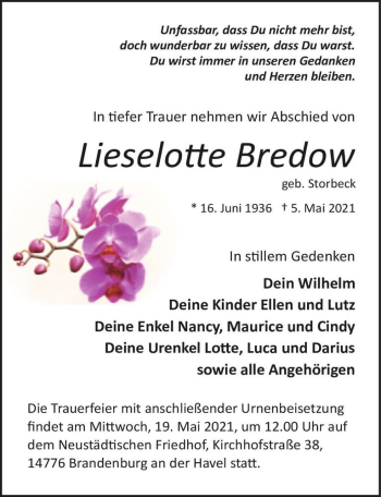 Traueranzeige von Lieselotte Bredow (geb. Storbeck)  von Magdeburger Volksstimme