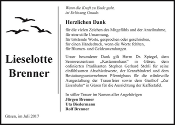 Traueranzeige von Lieselotte Brenner  von Magdeburger Volksstimme