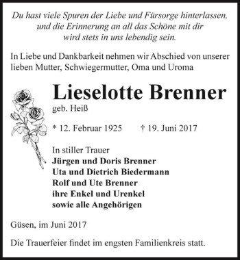 Traueranzeige von Lieselotte Brenner (geb. Heiß)  von Magdeburger Volksstimme