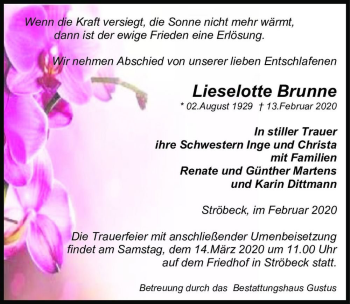 Traueranzeige von Lieselotte Brunne  von Magdeburger Volksstimme
