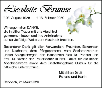 Traueranzeige von Lieselotte Brunne  von Magdeburger Volksstimme