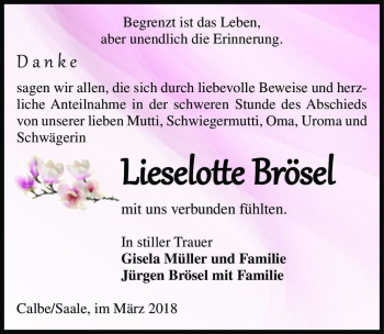 Traueranzeige von Lieselotte Brösel  von Magdeburger Volksstimme