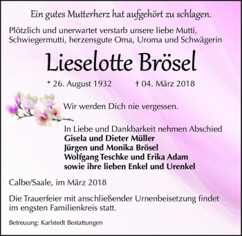 Traueranzeige von Lieselotte Brösel  von Magdeburger Volksstimme