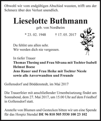 Traueranzeige von Lieselotte Buthmann (geb. von Nordheim)  von Magdeburger Volksstimme