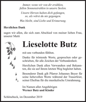 Traueranzeige von Lieselotte Butz  von Magdeburger Volksstimme