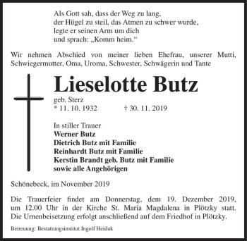Traueranzeige von Lieselotte Butz (geb. Sterz)  von Magdeburger Volksstimme