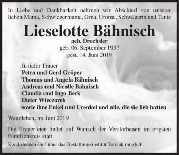 Traueranzeige von Lieselotte Bähnisch (geb. Drechsler)  von Magdeburger Volksstimme