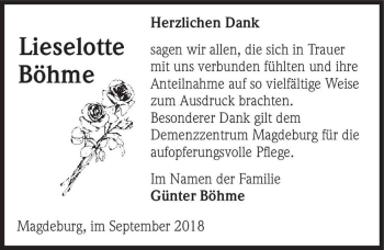 Traueranzeige von Lieselotte Böhme  von Magdeburger Volksstimme
