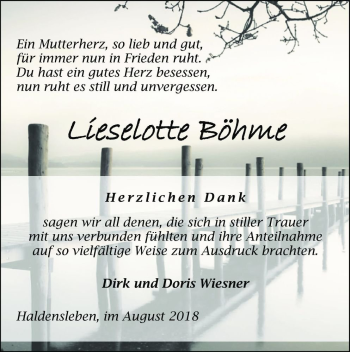 Traueranzeige von Lieselotte Böhme  von Magdeburger Volksstimme
