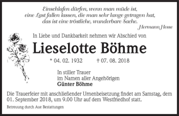 Traueranzeige von Lieselotte Böhme  von Magdeburger Volksstimme