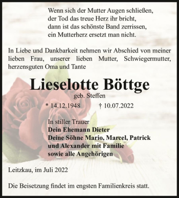 Traueranzeige von Lieselotte Böttge (geb. Steffen)  von Magdeburger Volksstimme