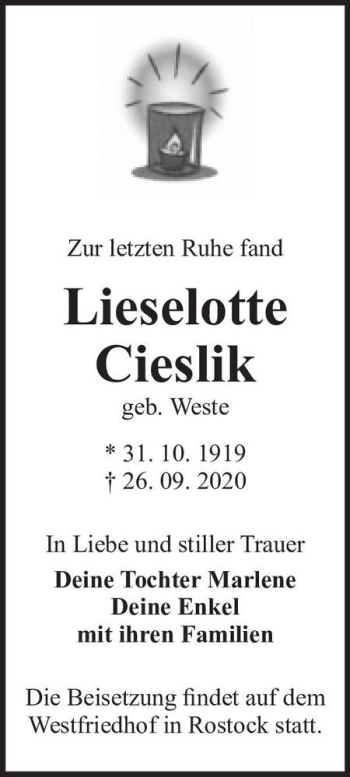 Traueranzeige von Lieselotte Cieslik (geb. Weste)  von Magdeburger Volksstimme