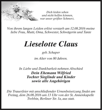 Traueranzeige von Lieselotte Claus (geb. Schaper)  von Magdeburger Volksstimme
