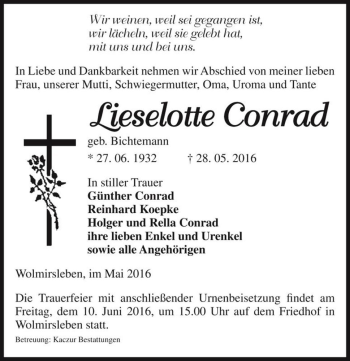 Traueranzeige von Lieselotte Conrad (geb. Bichtemann)  von Magdeburger Volksstimme