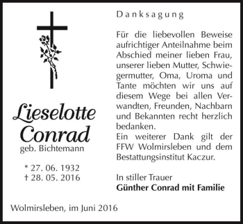Traueranzeige von Lieselotte Conrad (geb. Bichtemann)  von Magdeburger Volksstimme