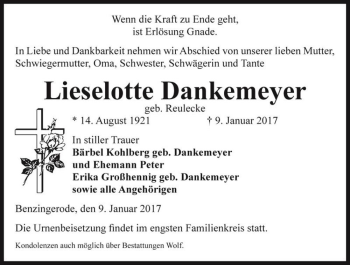 Traueranzeige von Lieselotte Dankemeyer (geb. Reulecke)  von Magdeburger Volksstimme