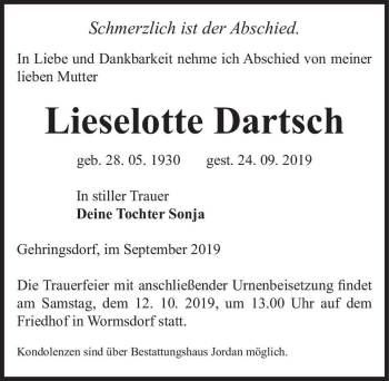 Traueranzeige von Lieselotte Dartsch  von Magdeburger Volksstimme