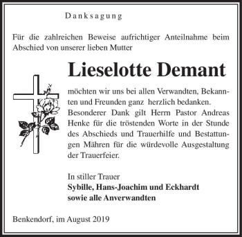 Traueranzeige von Lieselotte Demant  von Magdeburger Volksstimme