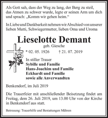 Traueranzeige von Lieselotte Demant (geb. Giesche)  von Magdeburger Volksstimme